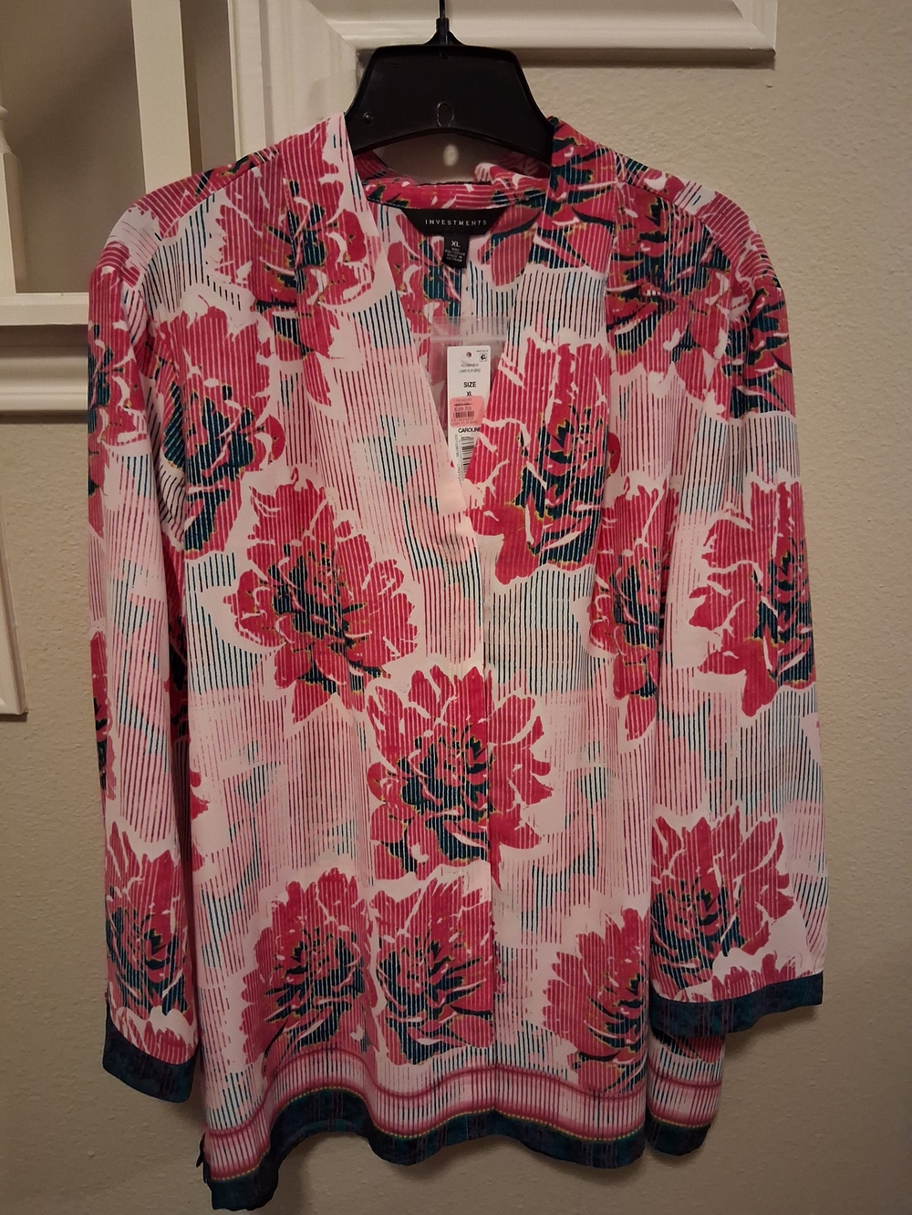 Investments Pink Floral V-Neck Blouse with Teal Accents